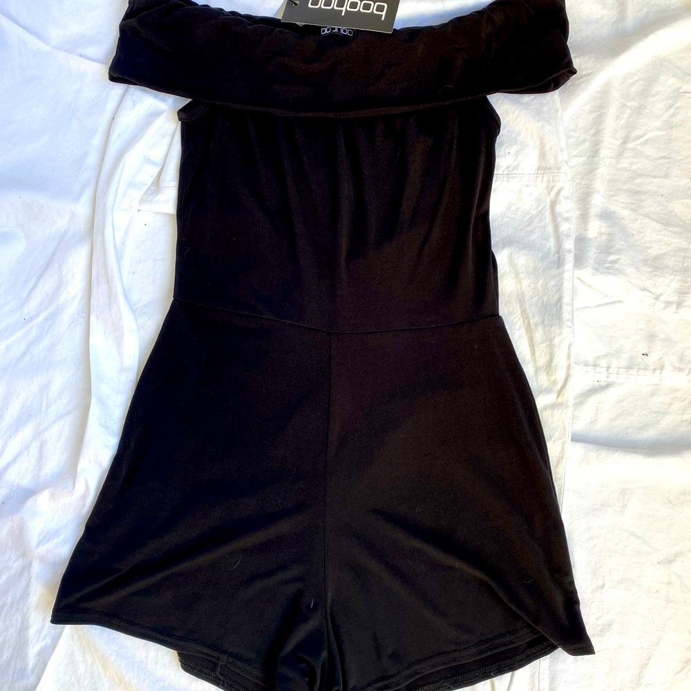 Boohoo Frill Off The Shoulder Black Romper Size S